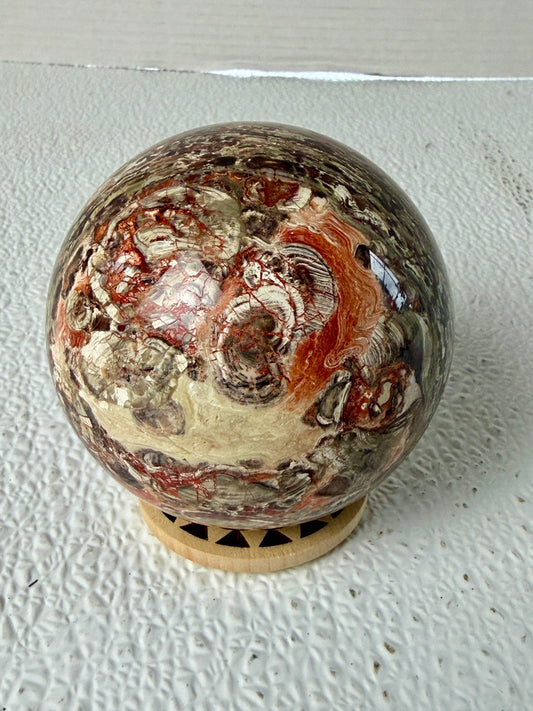 Natural Money Agate Sphere (674g) – Statement Orbicular Crystal Ball with Red Jasper Accents