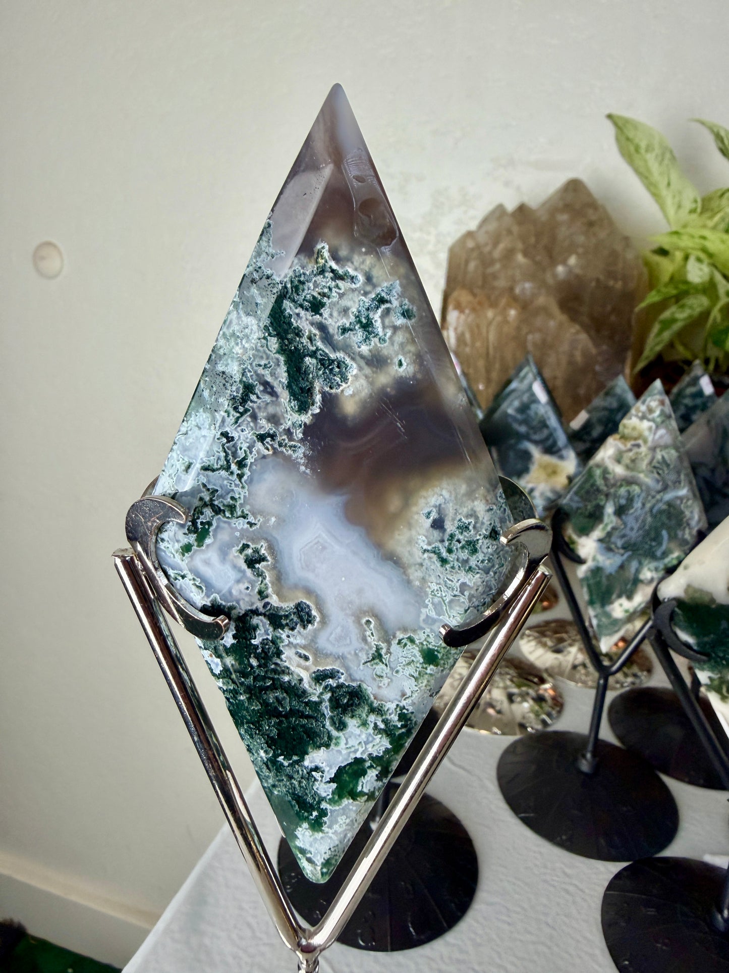 Moss Agate Rhombus with Stand - Imperfect