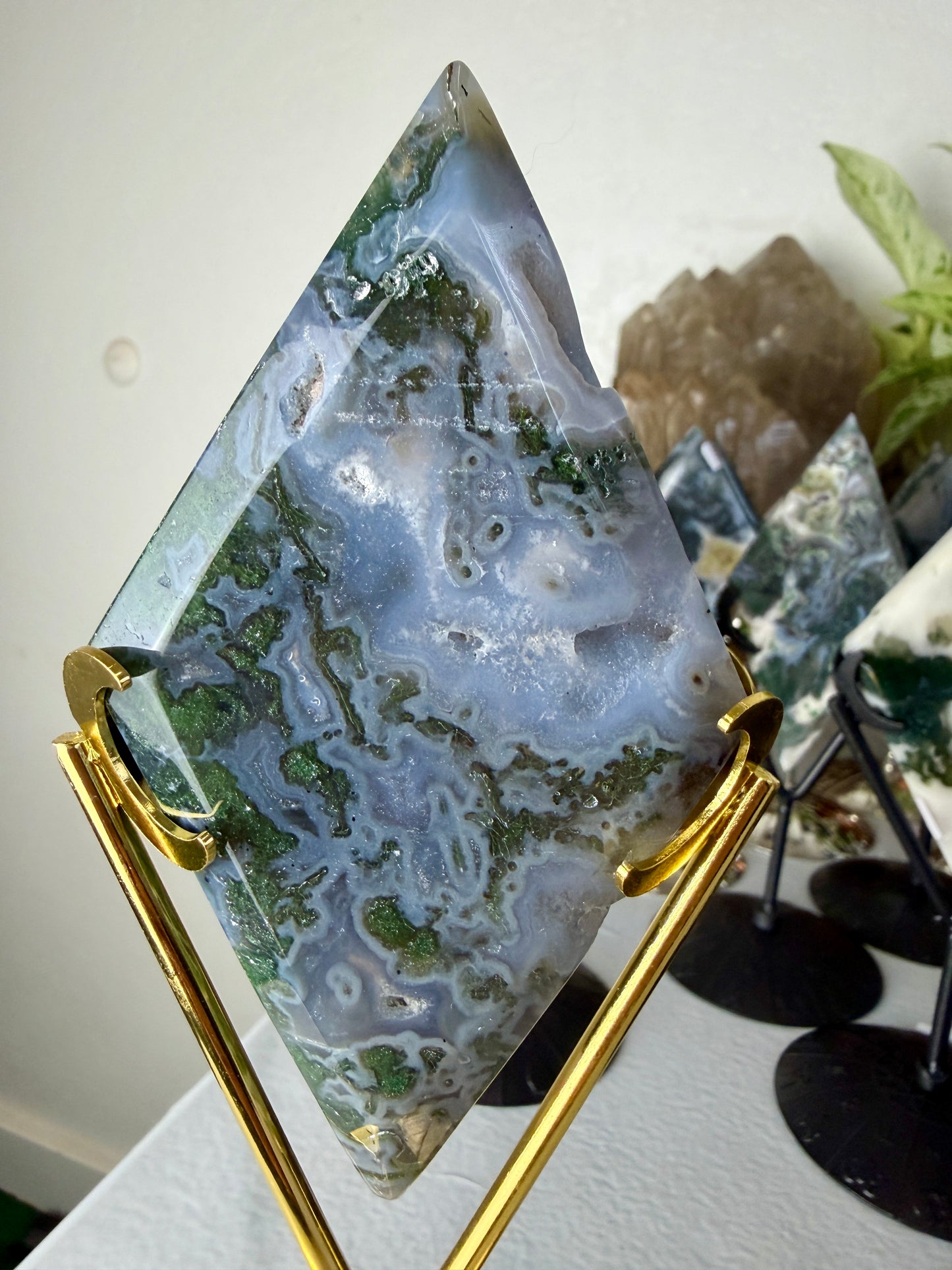 Moss Agate Rhombus with Stand - Imperfect