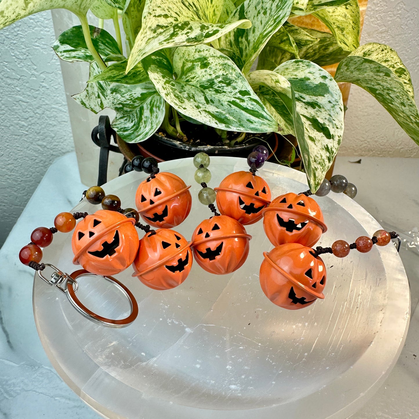 Pumpkin Jack-o’-Lantern Bell & Crystal Keychain
Protection | Fun | Autumn Magic