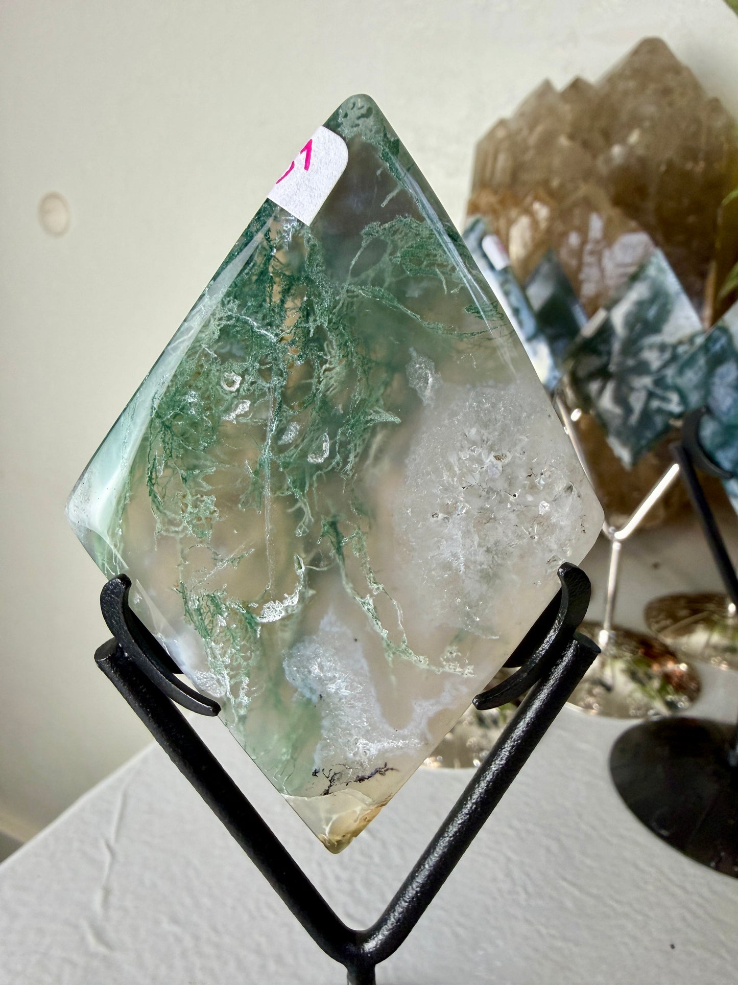 Moss Agate Rhombus with Stand - Imperfect
