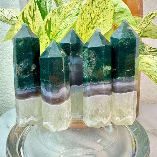 Moss Agate Points (with Quartz & Agate Layers) — 3 to 3.6 inch
Growth | Stability | Earth Connection