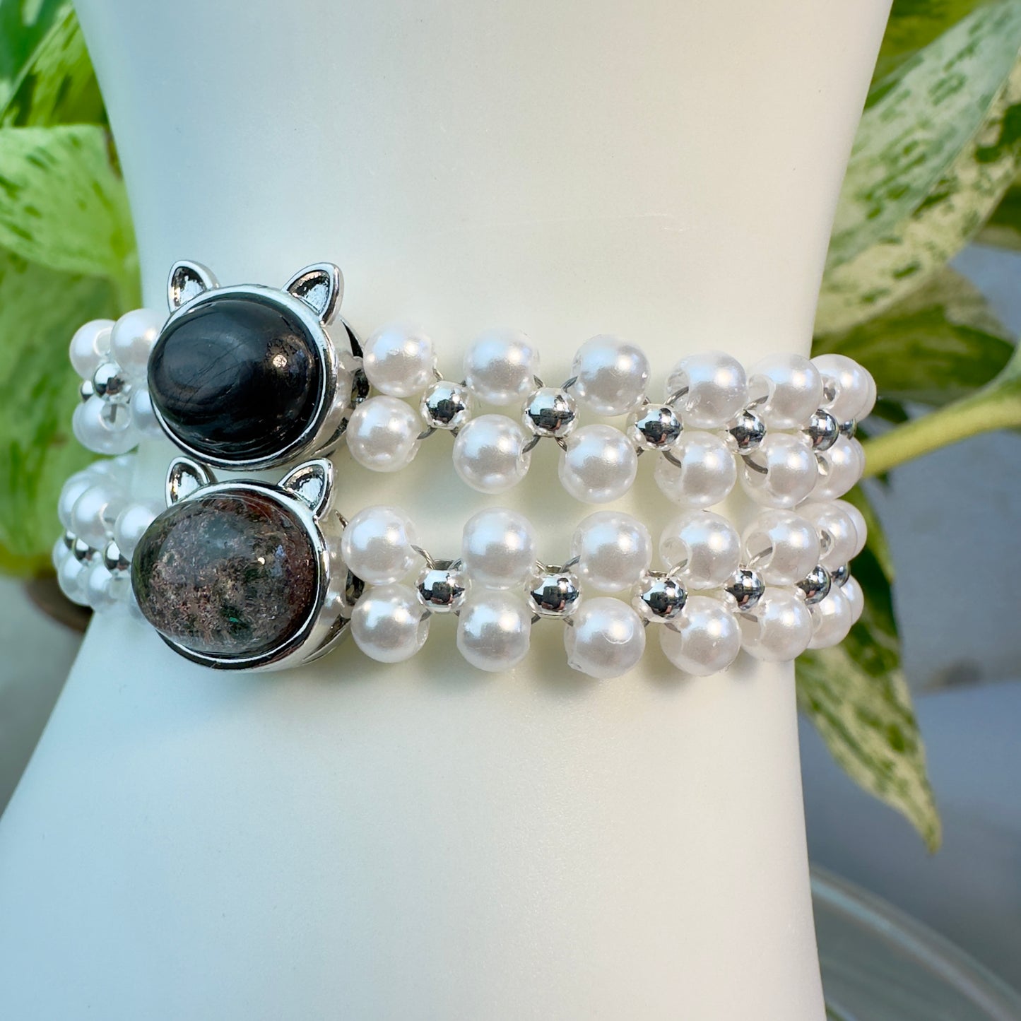 Cat Charm Bracelet — Faux Pearl with Natural Garden Quartz or Hypersthene
Whimsy | Protection | Inner Vision