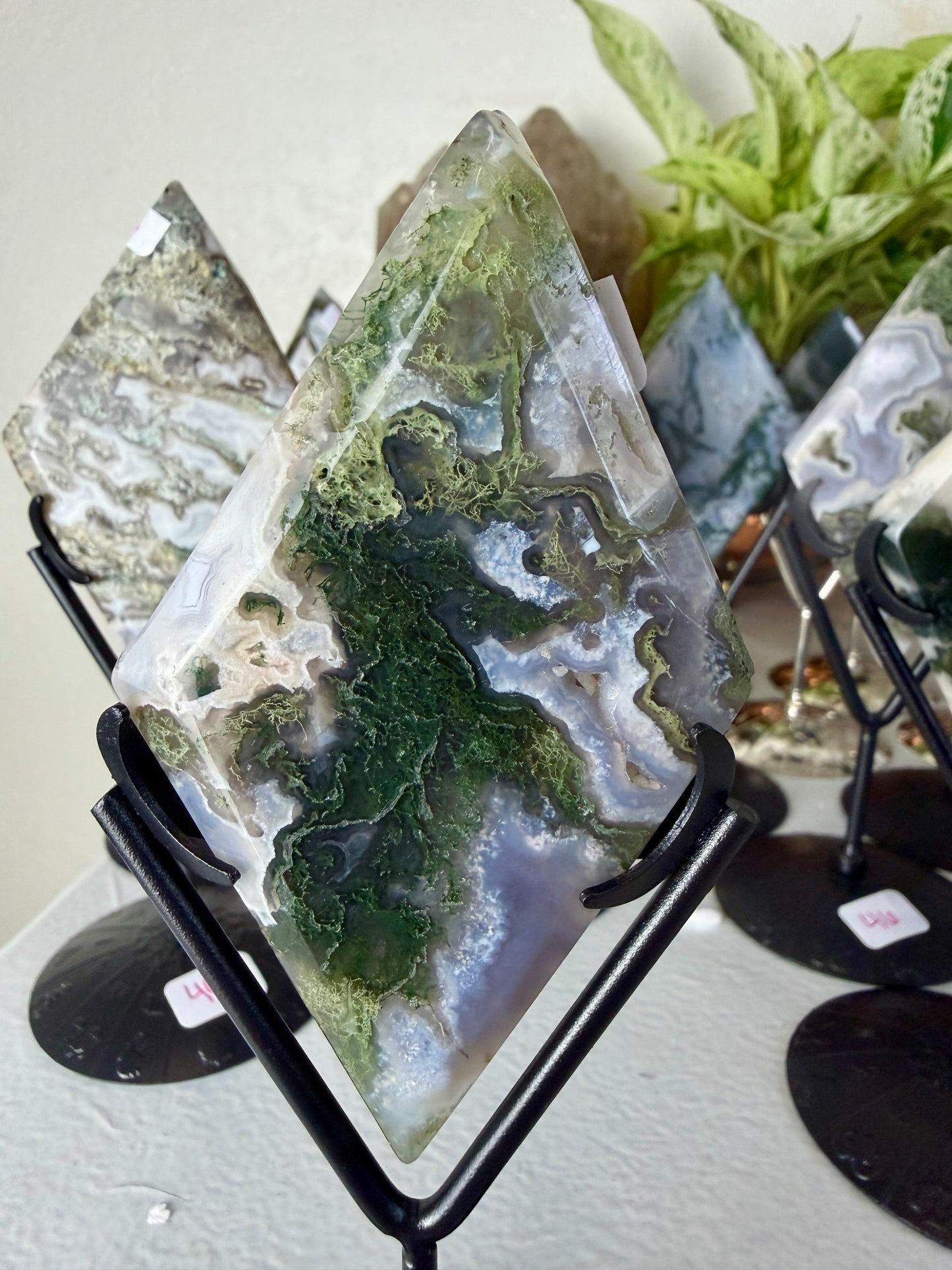 Moss Agate Rhombus with Stand - Imperfect
