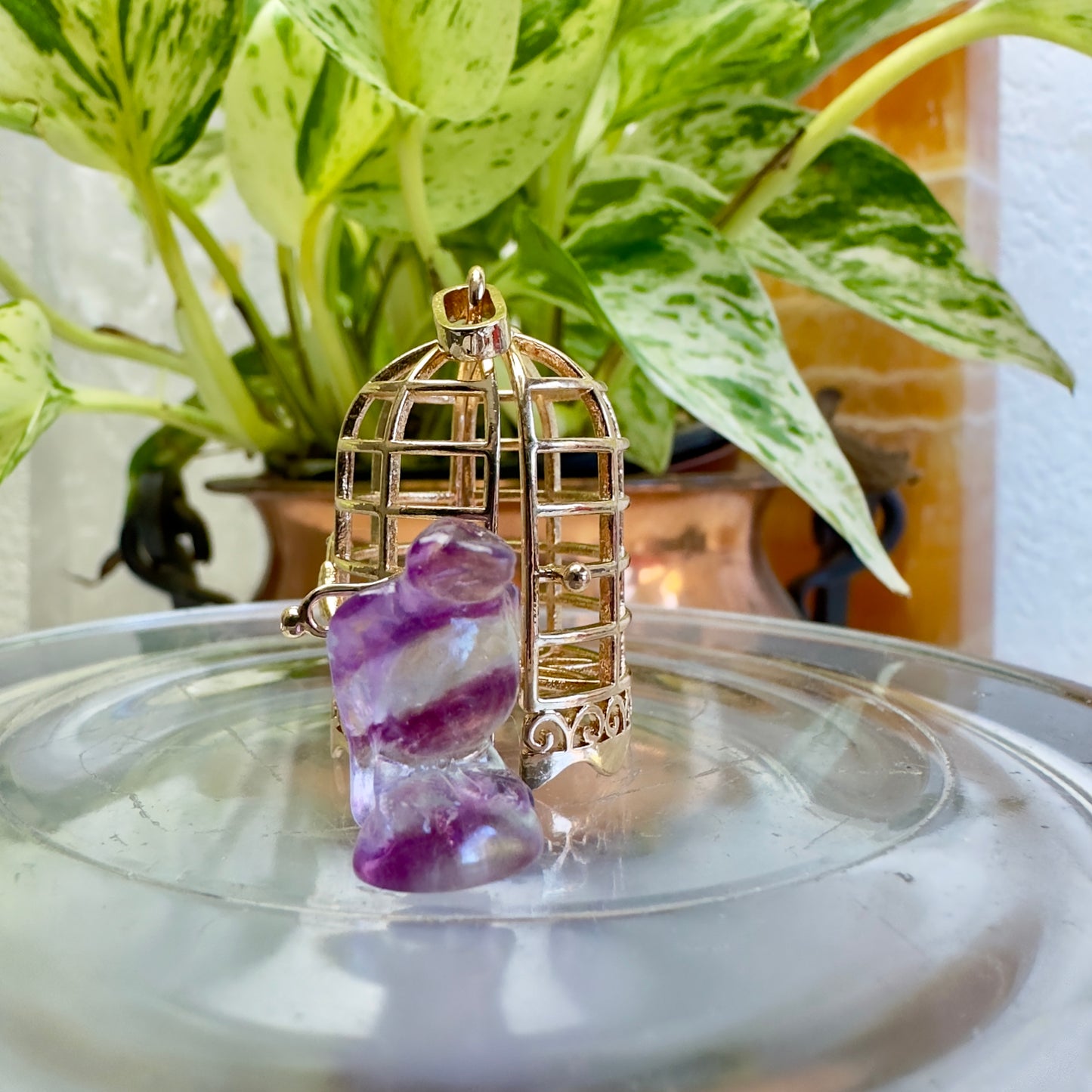 Bird Cage Pendant with Crystal Raven - 1.2 inch - Copper