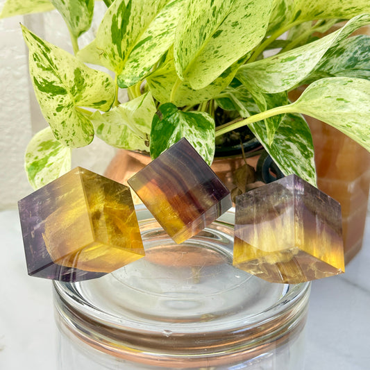 Yellow & Purple Banded Fluorite Cubes with Sparkling Mica — 1.2–1.4 inch
Clarity | Confidence | Spiritual Focus