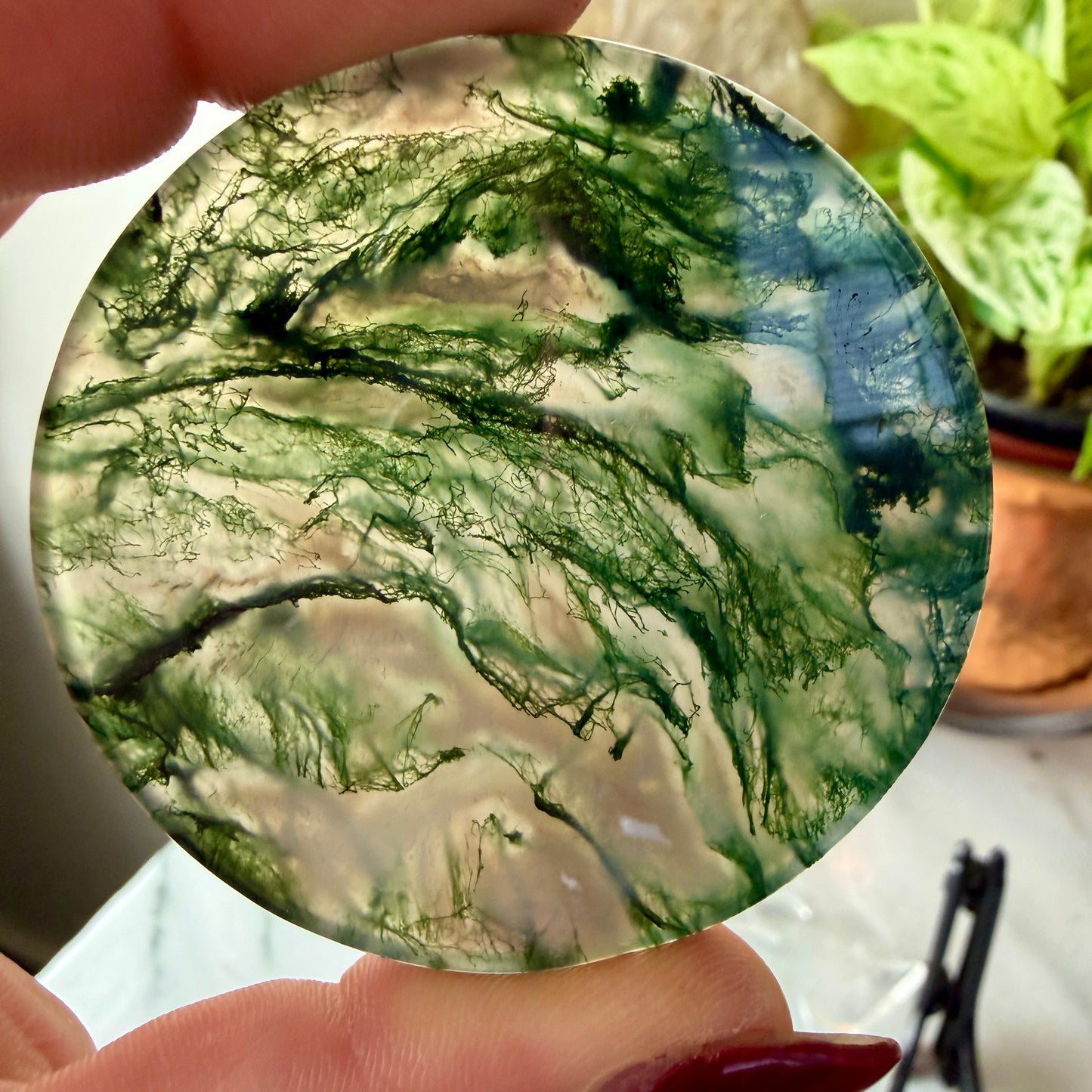 Moss Agate Window Crystal Slab | 2-Inch Prosperity & Growth Stone | Unique Landscape Carving