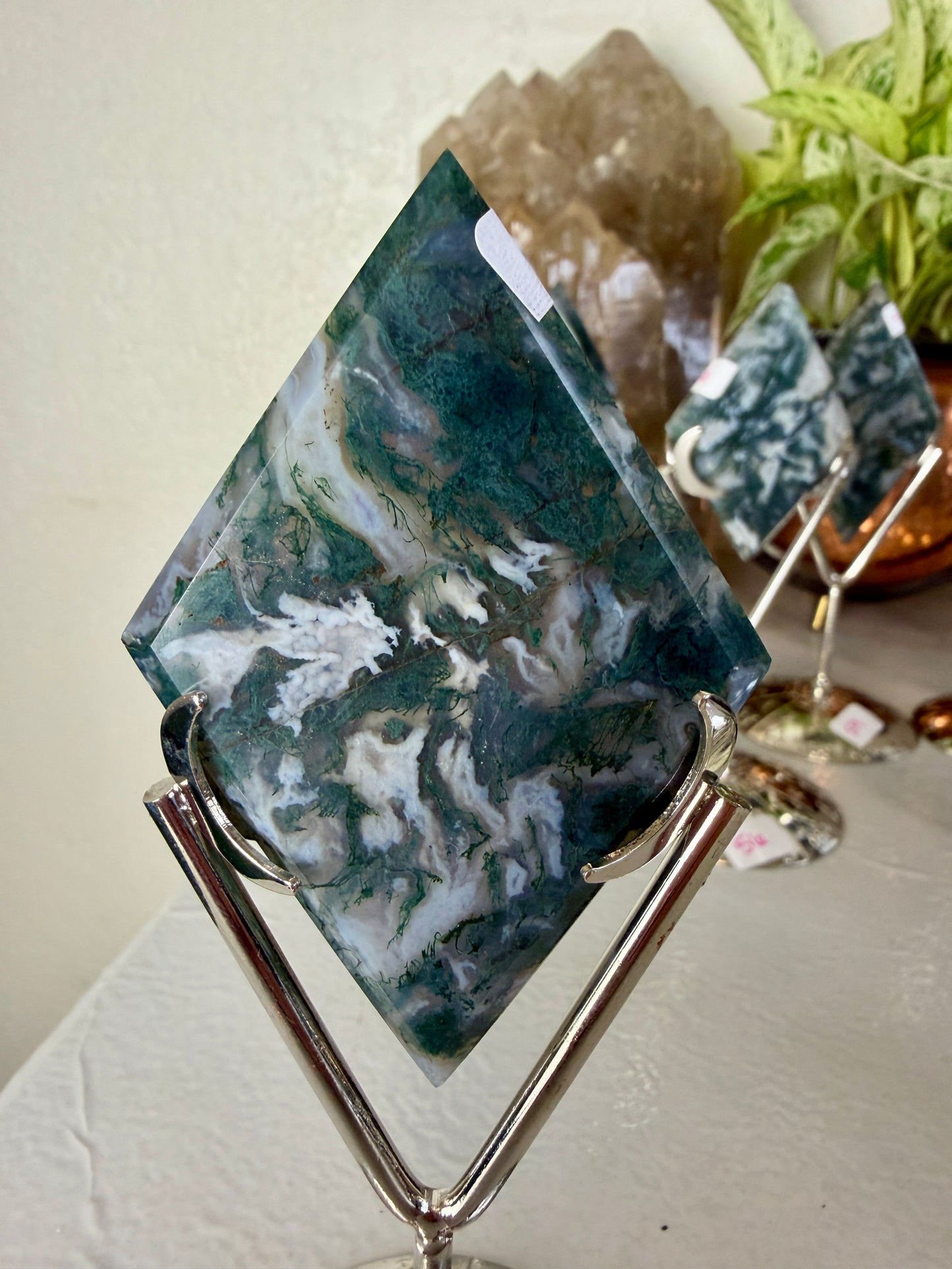 Moss Agate Rhombus with Stand - Imperfect