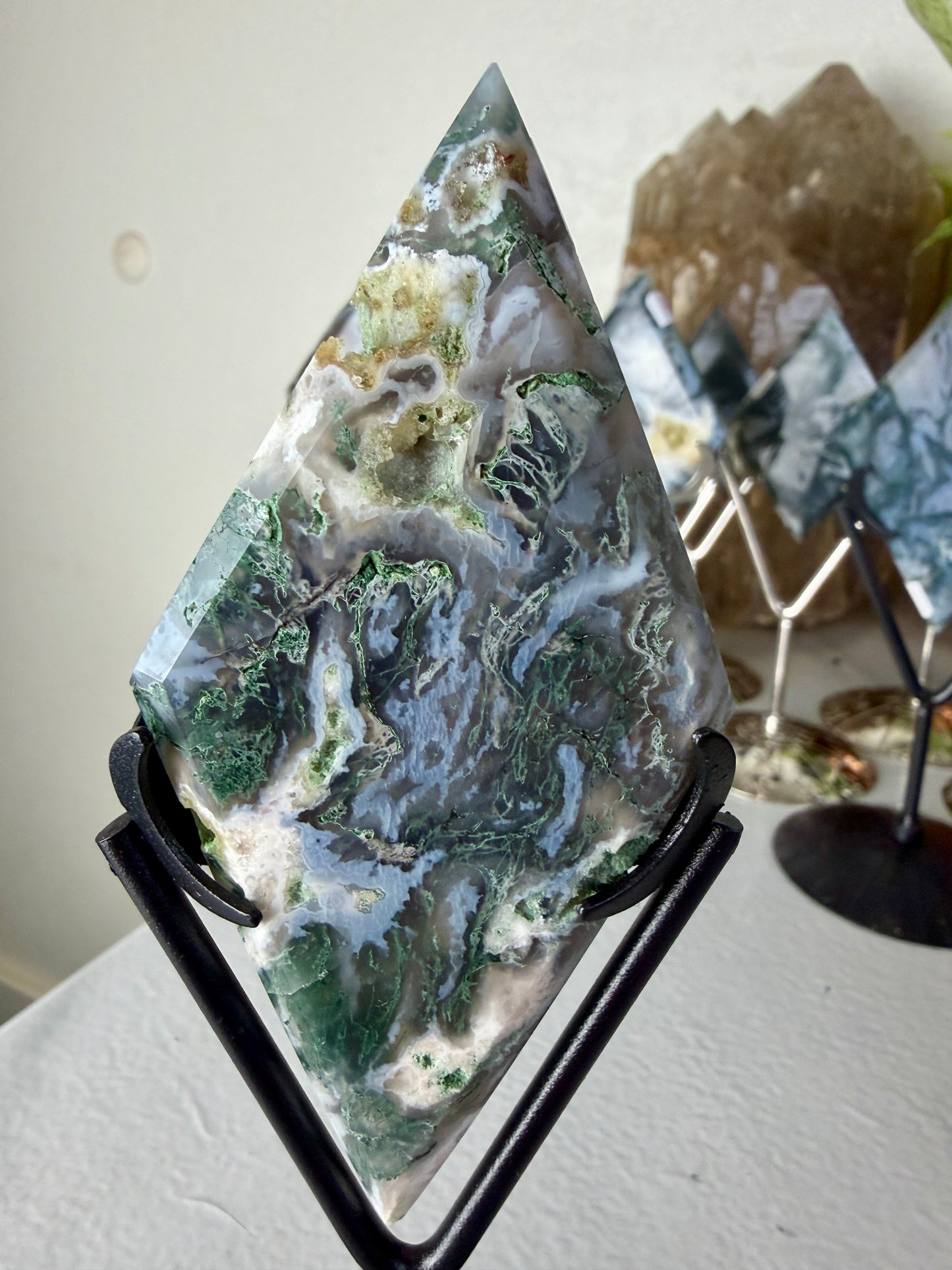 Moss Agate Rhombus with Stand - Imperfect