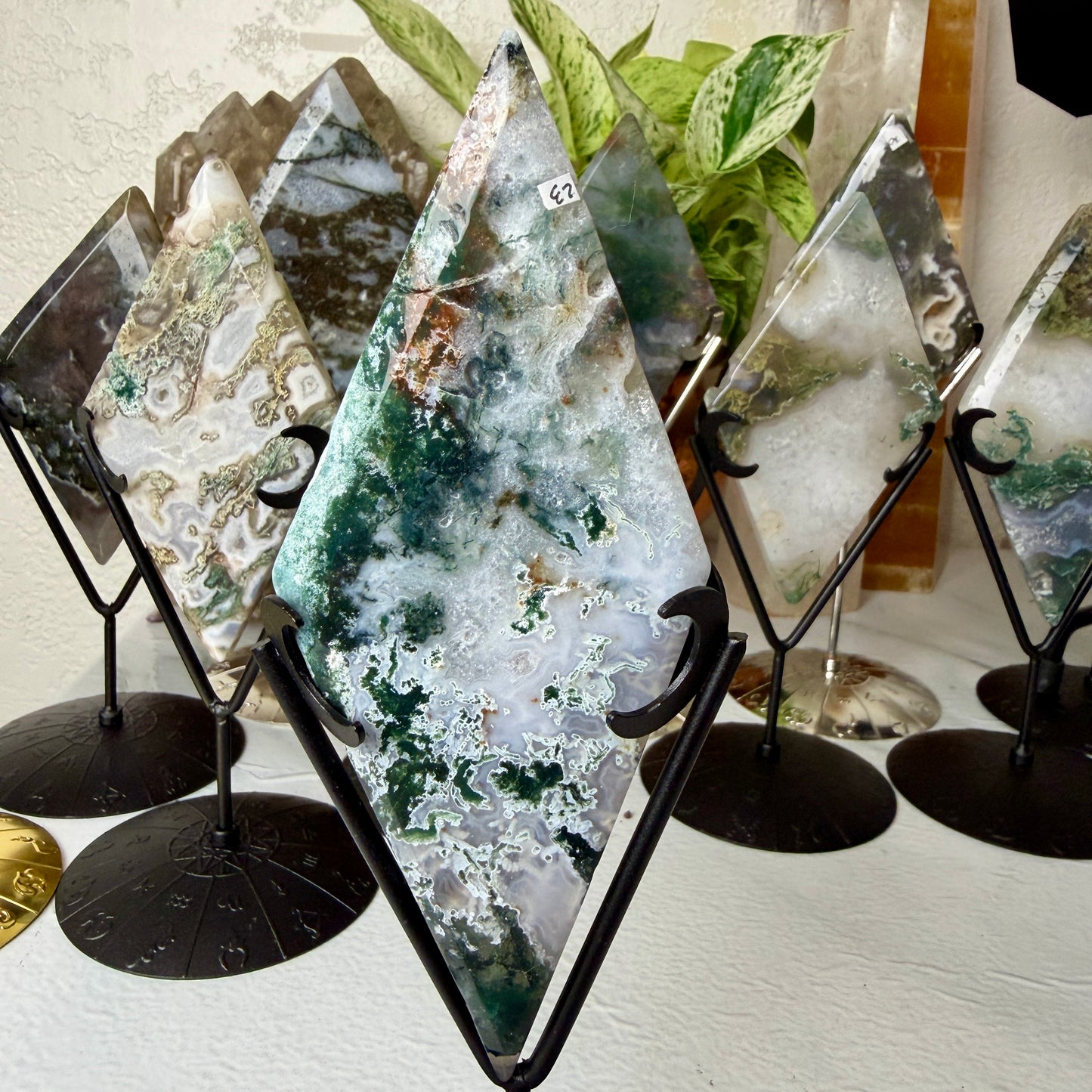 Moss Agate Rhombus with Stand - Imperfect