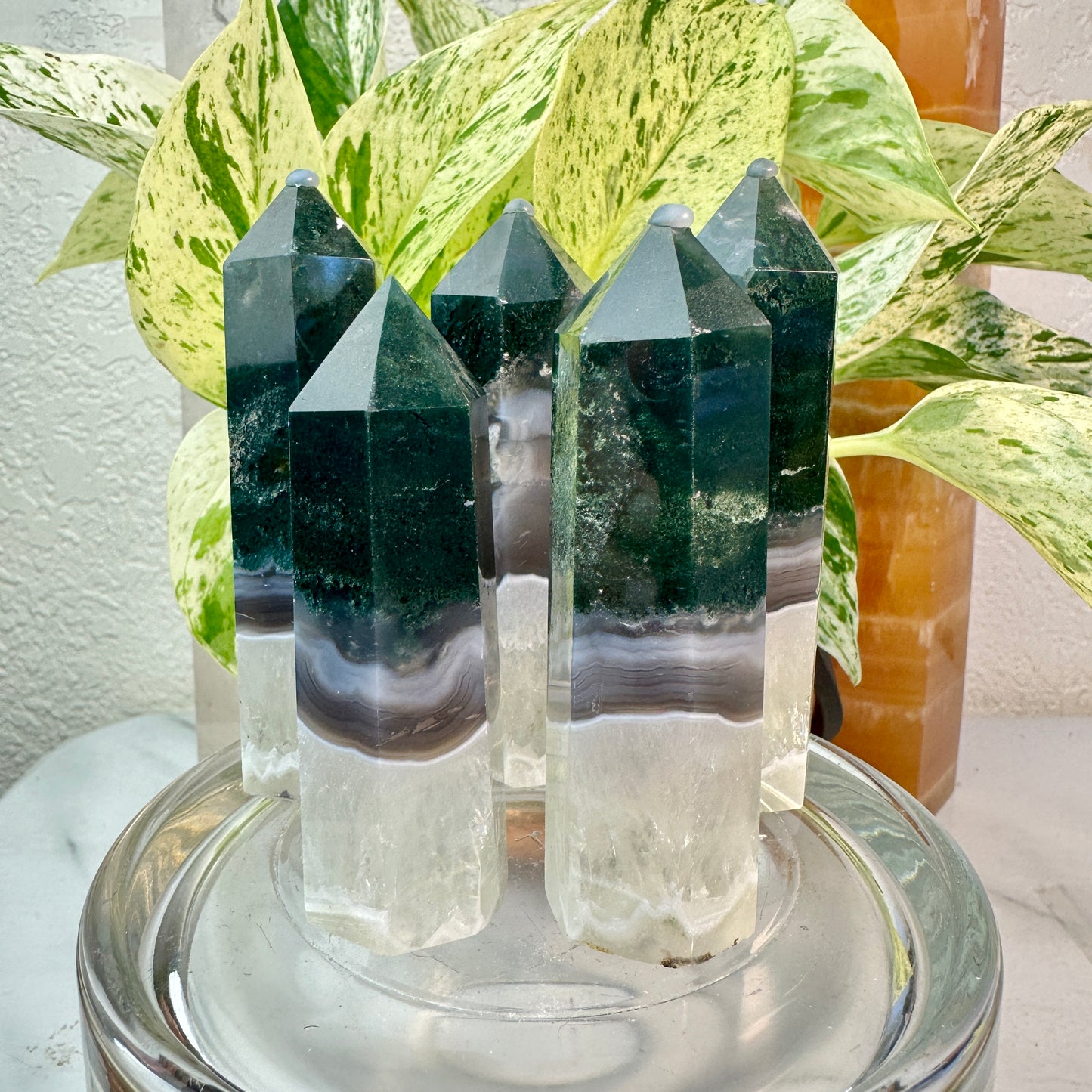 Moss Agate Points (with Quartz & Agate Layers) — 3 to 3.6 inch
Growth | Stability | Earth Connection