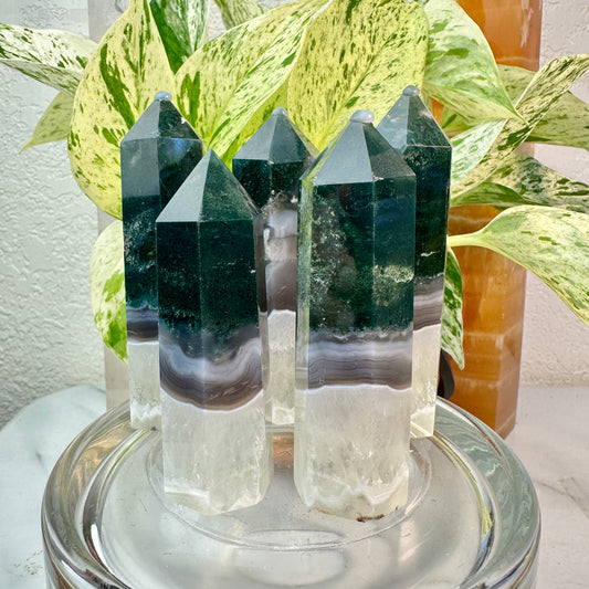 Moss Agate Points (with Quartz & Agate Layers) — 3 to 3.6 inch
Growth | Stability | Earth Connection