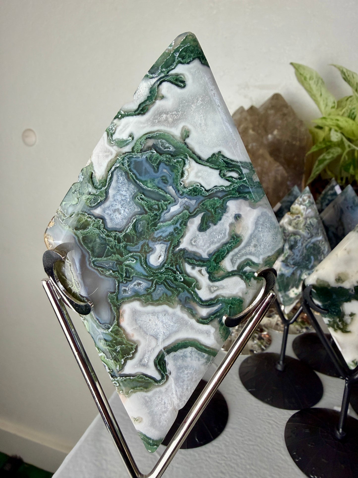 Moss Agate Rhombus with Stand - Imperfect