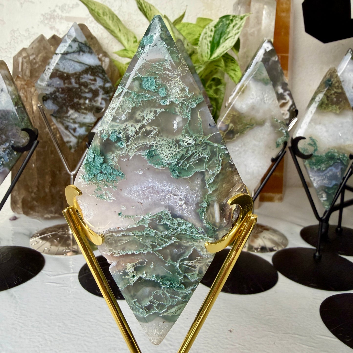 Moss Agate Rhombus with Stand - Imperfect