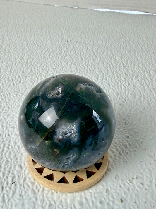 Dark Forest Moss Agate Sphere (220g) – Deep Evergreen Chlorite Inclusions with Sparkling Druzy Vugs