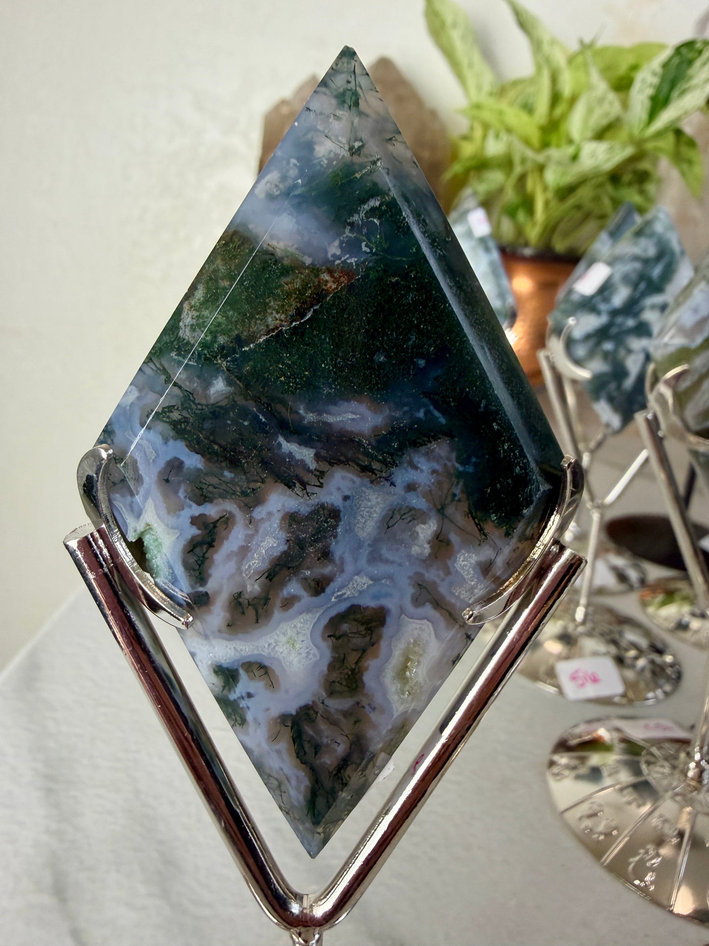 Moss Agate Rhombus with Stand - Imperfect