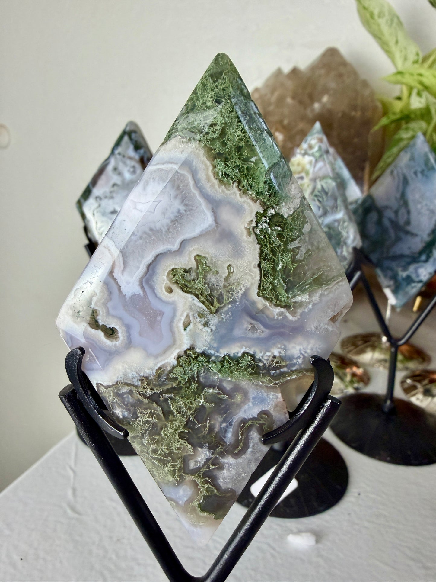 Moss Agate Rhombus with Stand - Imperfect