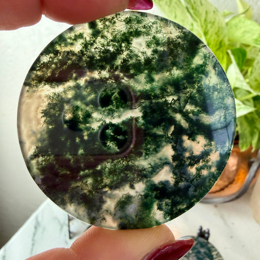 Moss Agate Window Crystal Slab | 2-Inch Prosperity & Growth Stone | Unique Landscape Carving