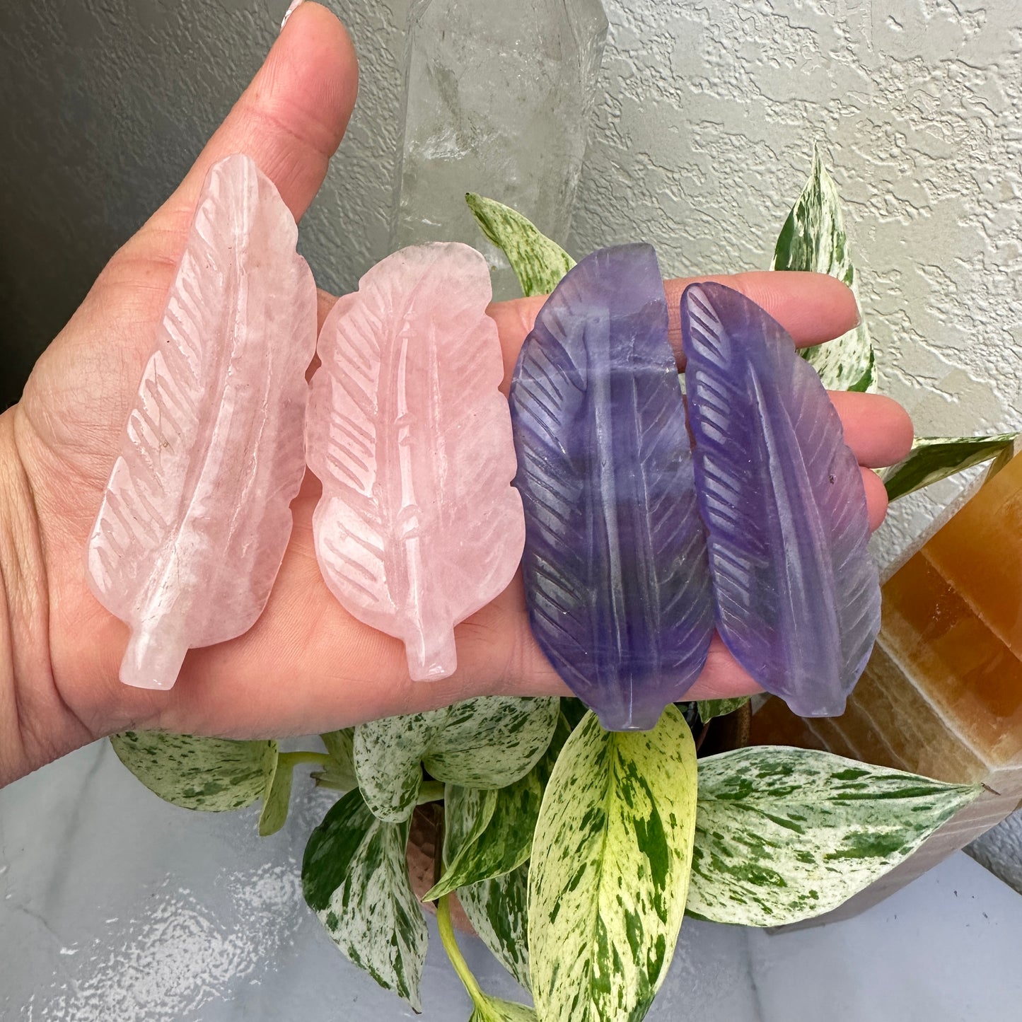 Crystal Feathers - Fluorite - Rose Quartz - 3.3-3.6 inch