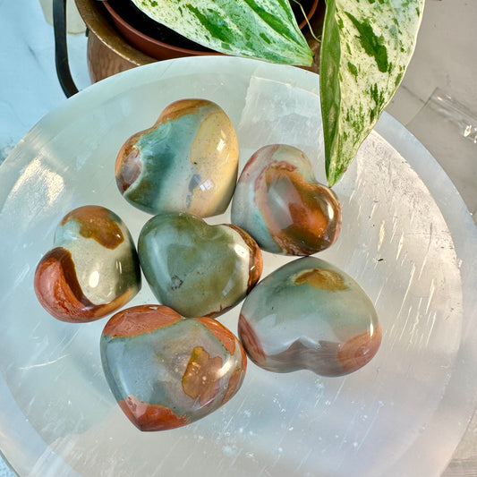 Puffy Polychrome Jasper Hearts — 1.2–1.4 inches
Stability | Joy | Emotional Balance