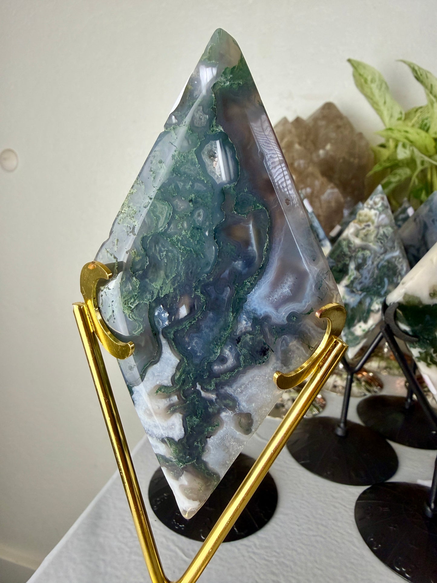 Moss Agate Rhombus with Stand - Imperfect