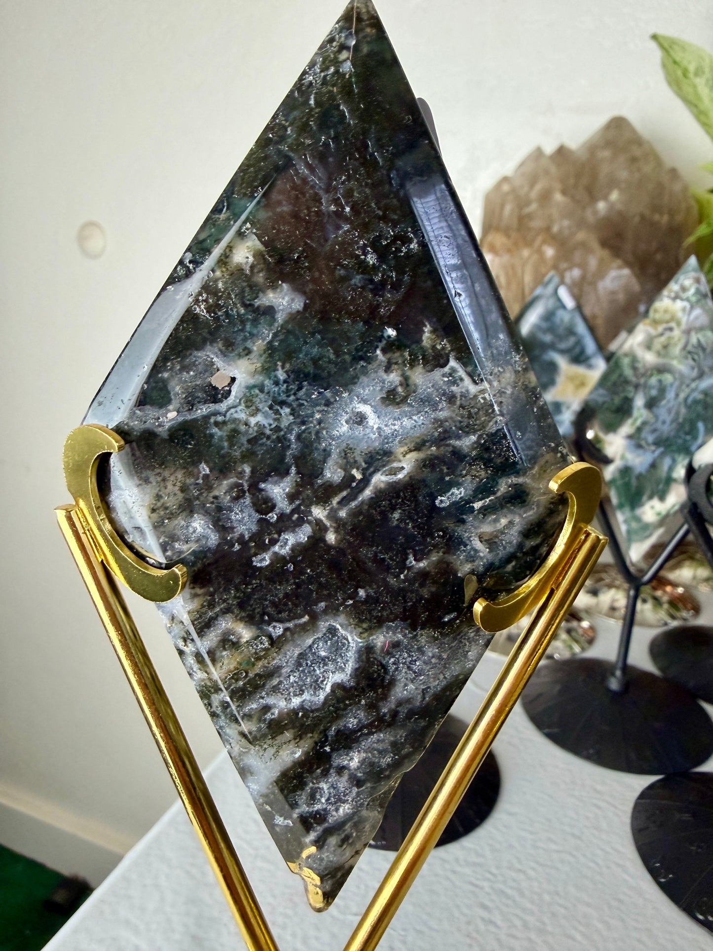 Moss Agate Rhombus with Stand - Imperfect