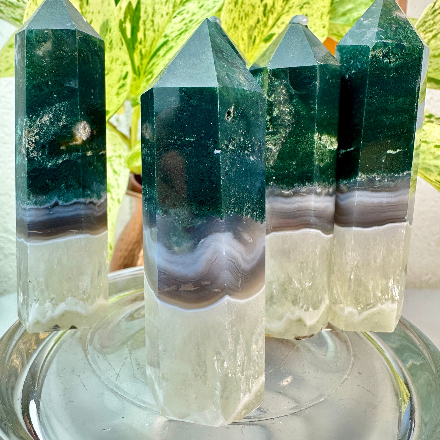 Moss Agate Points (with Quartz & Agate Layers) — 3 to 3.6 inch
Growth | Stability | Earth Connection