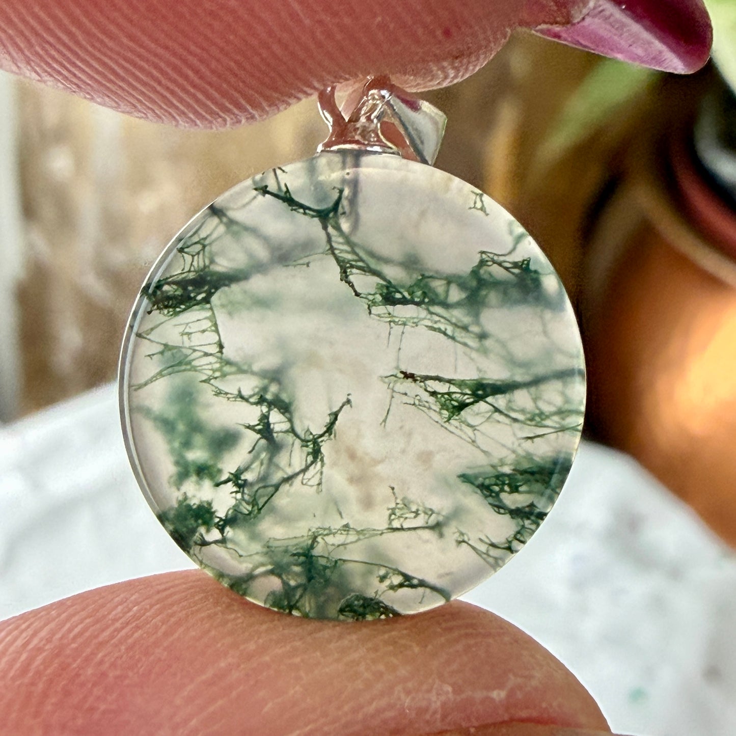 Moss Agate Round Pendant | 16mm Nature & Abundance Jewelry | Intuitive Pick
