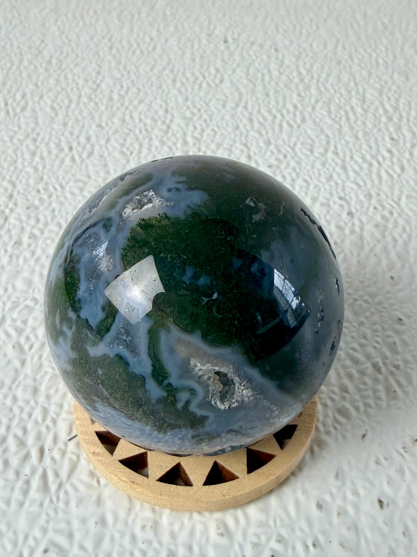 Dark Forest Moss Agate Sphere (220g) – Deep Evergreen Chlorite Inclusions with Sparkling Druzy Vugs
