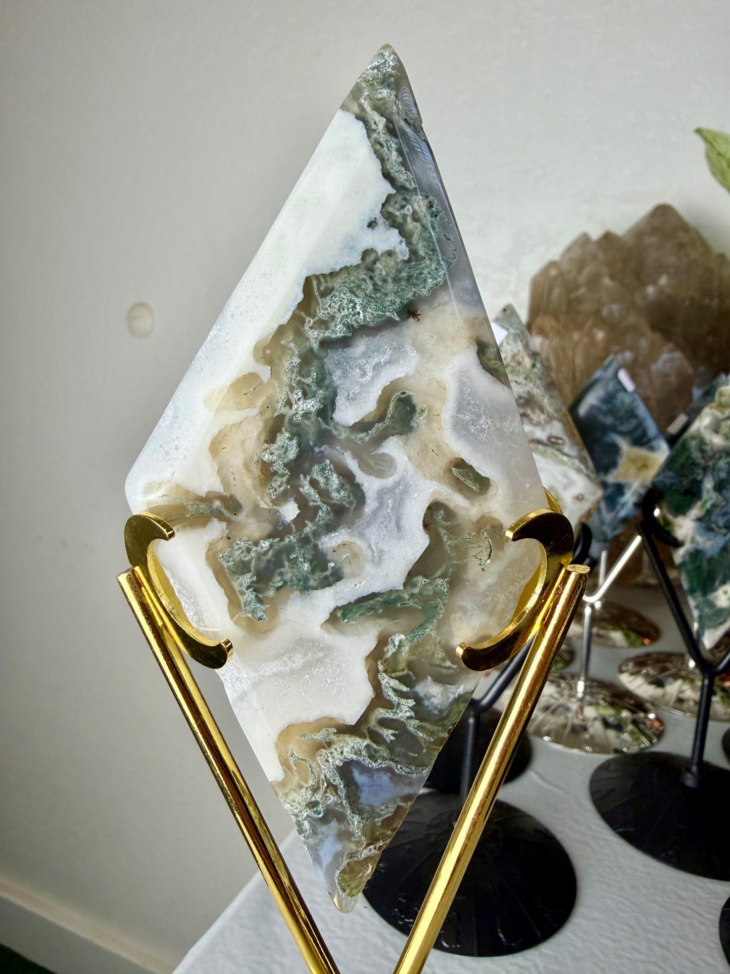 Moss Agate Rhombus with Stand - Imperfect