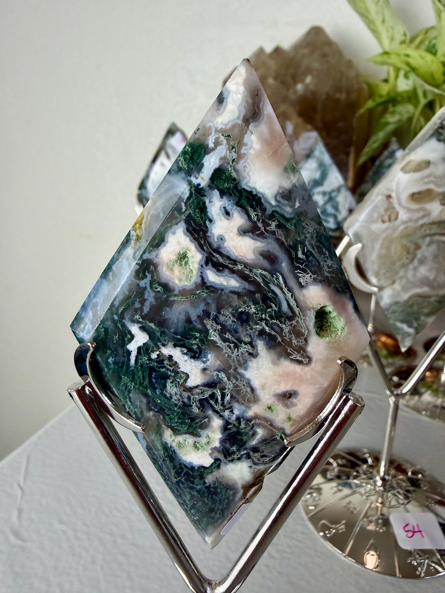 Moss Agate Rhombus with Stand - Imperfect