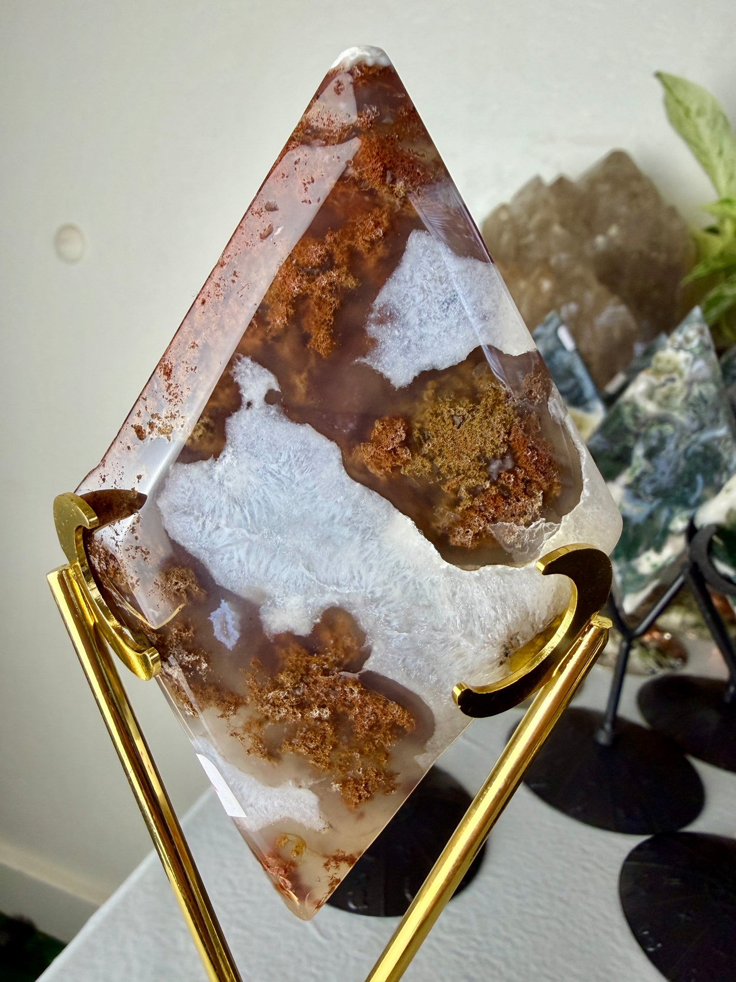 Moss Agate Rhombus with Stand - Imperfect