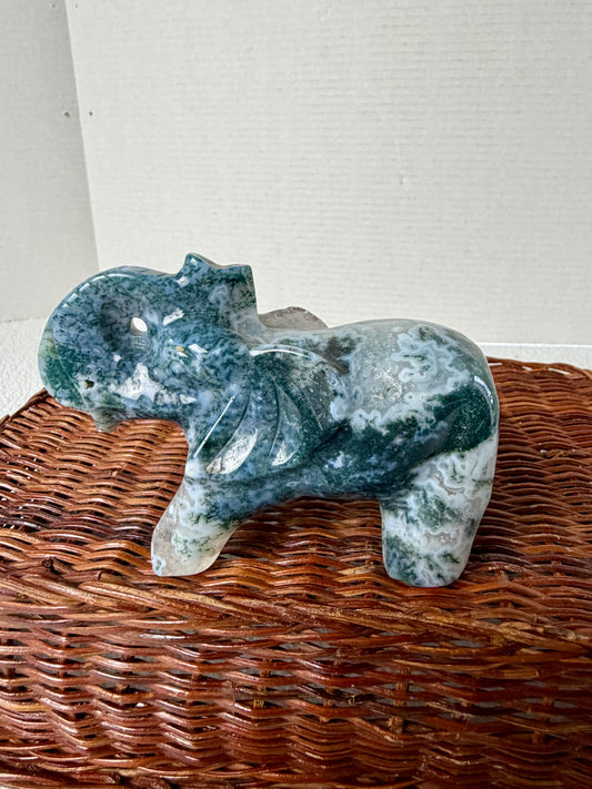 Hand-Carved Moss Agate Elephant Specimen – Detailed Animal Figurine with Druzy Accents