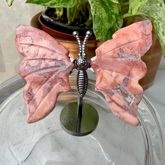 Crystal Butterfly Wings on Stand – Rhodonite & Pink Agate (1.9” Tall Wings)