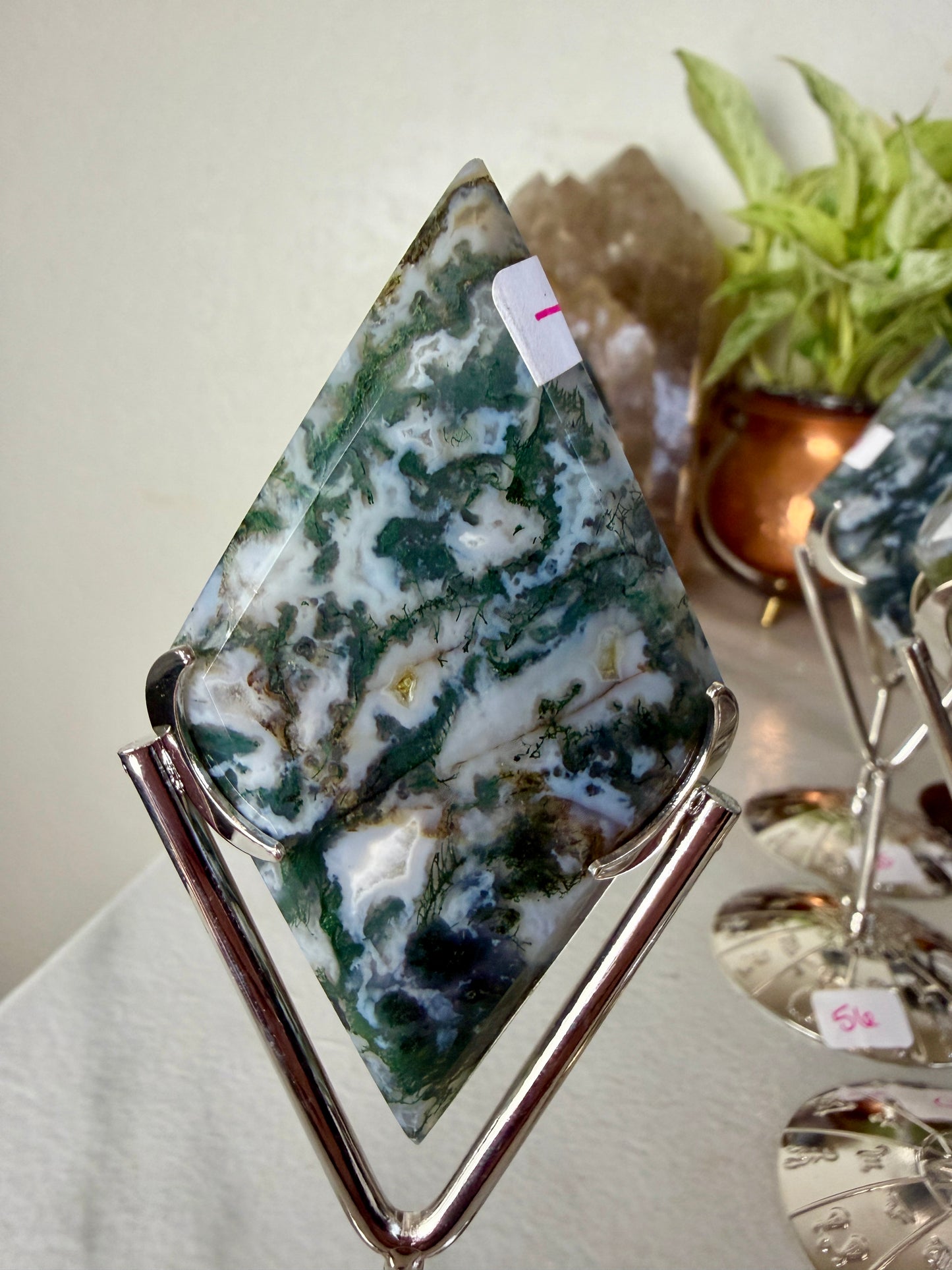 Moss Agate Rhombus with Stand - Imperfect