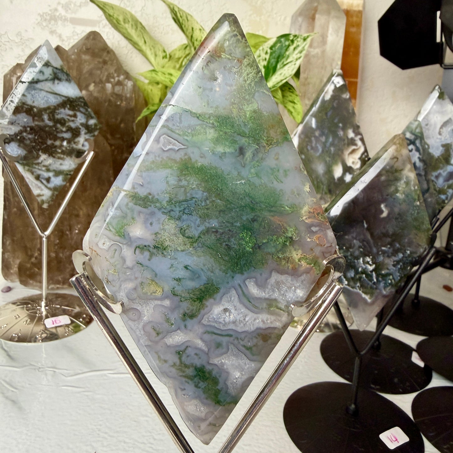 Moss Agate Rhombus with Stand - Imperfect