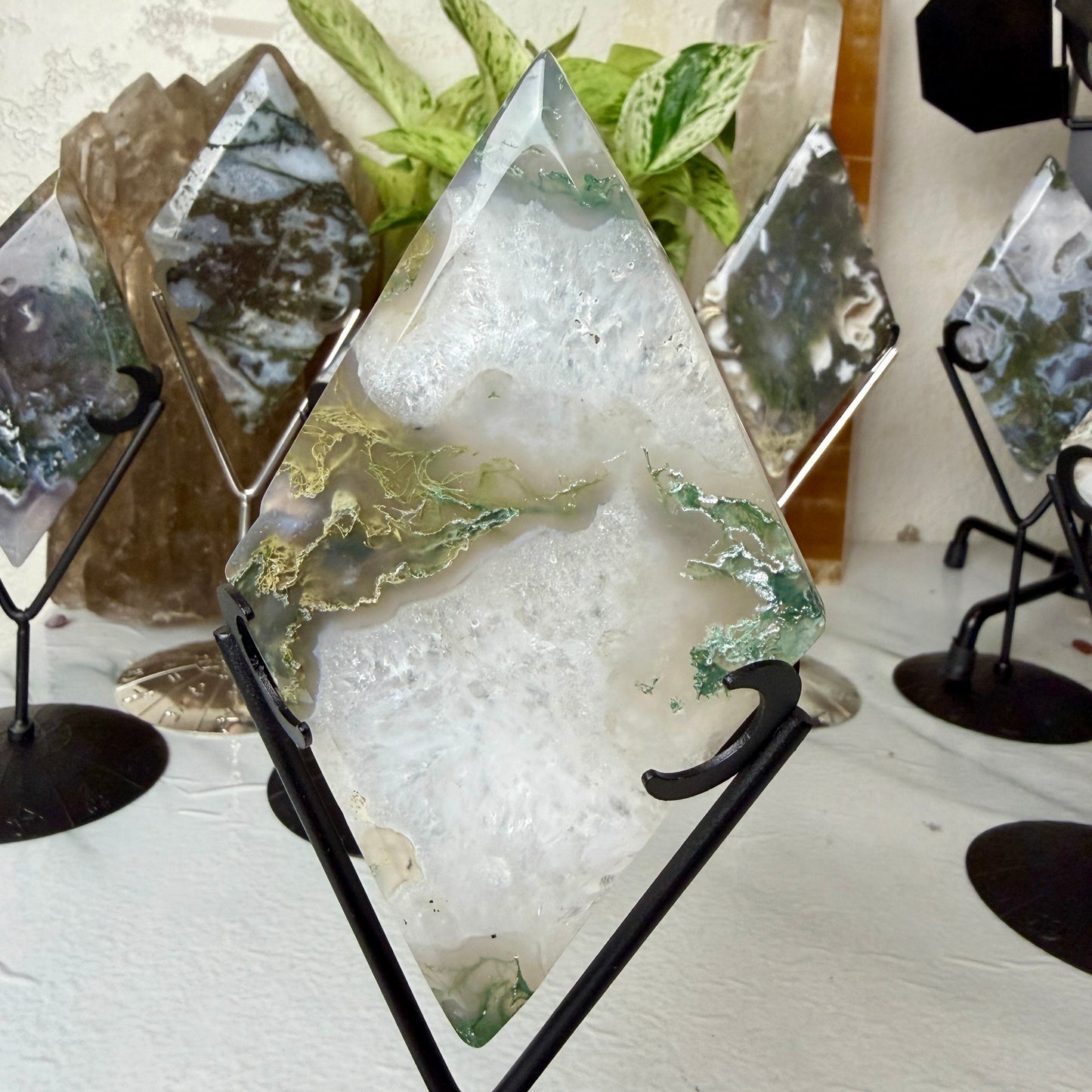 Moss Agate Rhombus with Stand - Imperfect