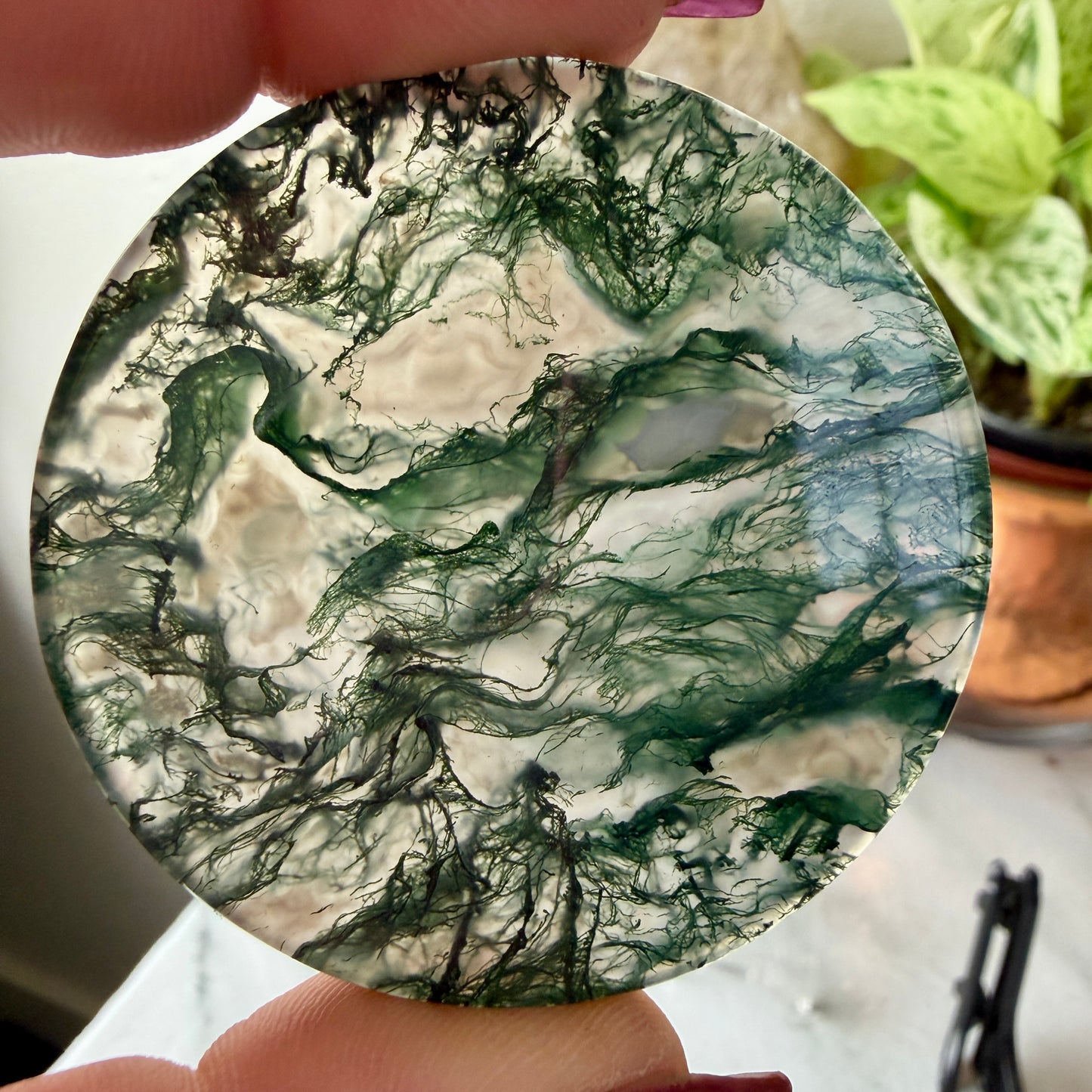 Moss Agate Window Crystal Slab | 2-Inch Prosperity & Growth Stone | Unique Landscape Carving