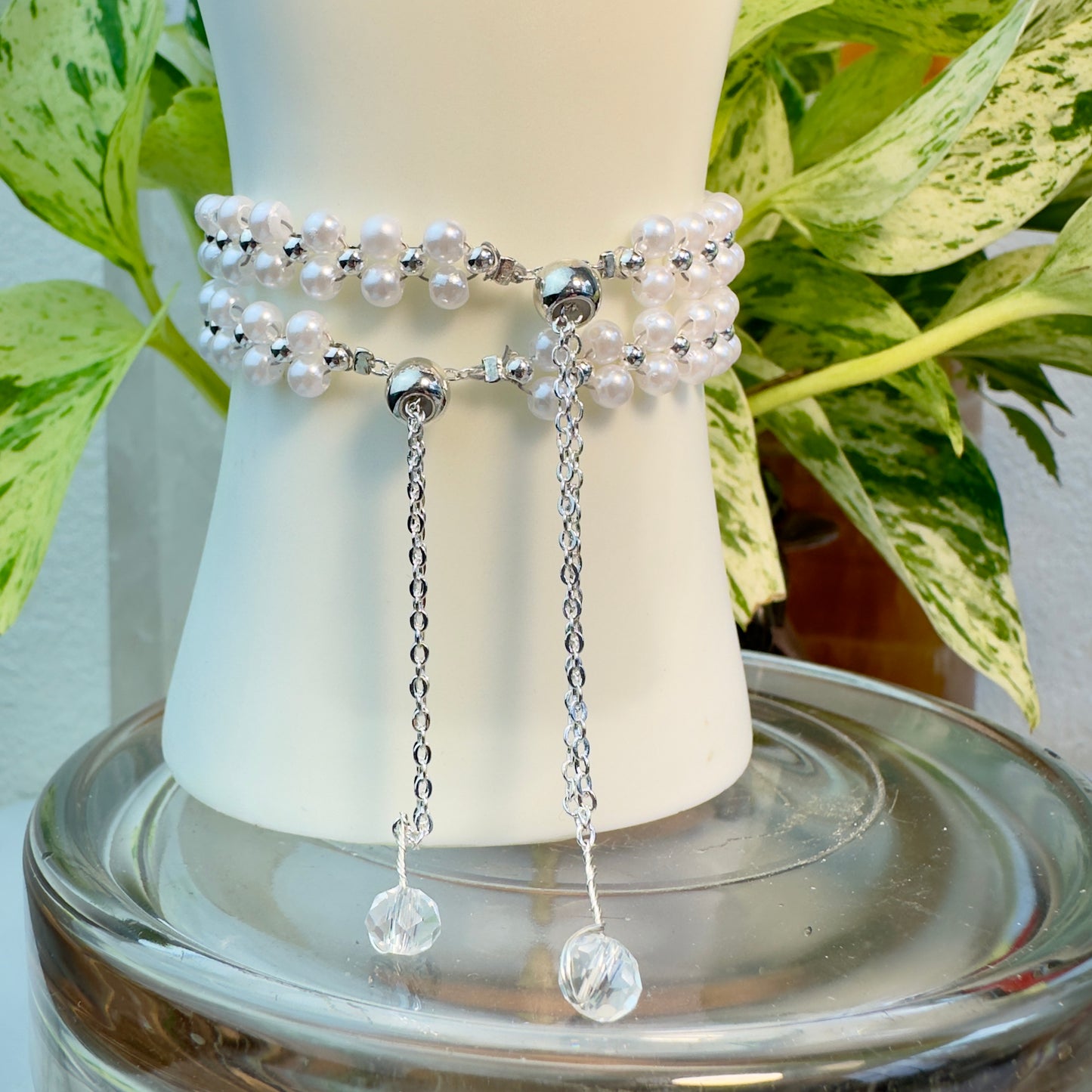 Cat Charm Bracelet — Faux Pearl with Natural Garden Quartz or Hypersthene
Whimsy | Protection | Inner Vision