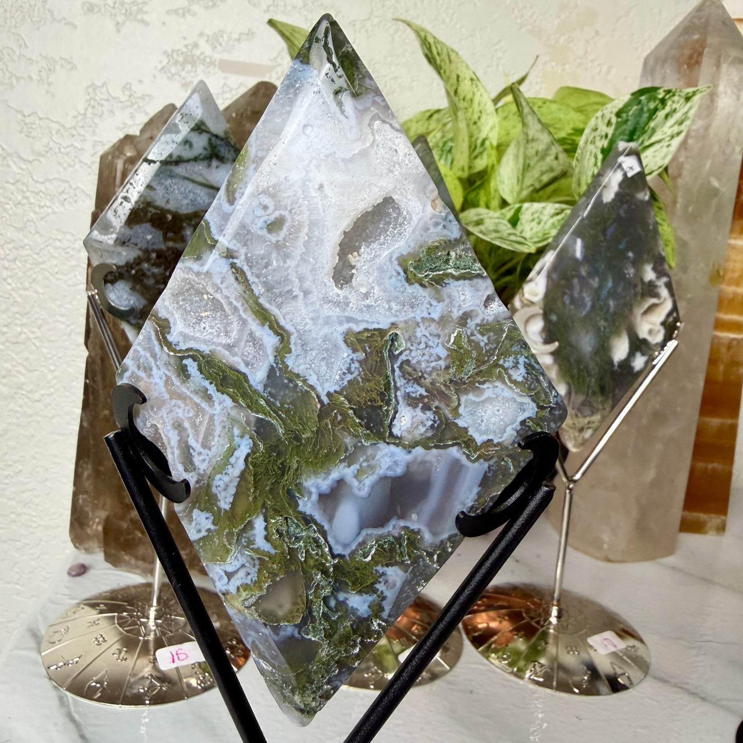 Moss Agate Rhombus with Stand - Imperfect