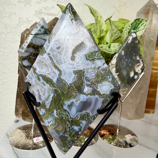 Moss Agate Rhombus with Stand - Imperfect