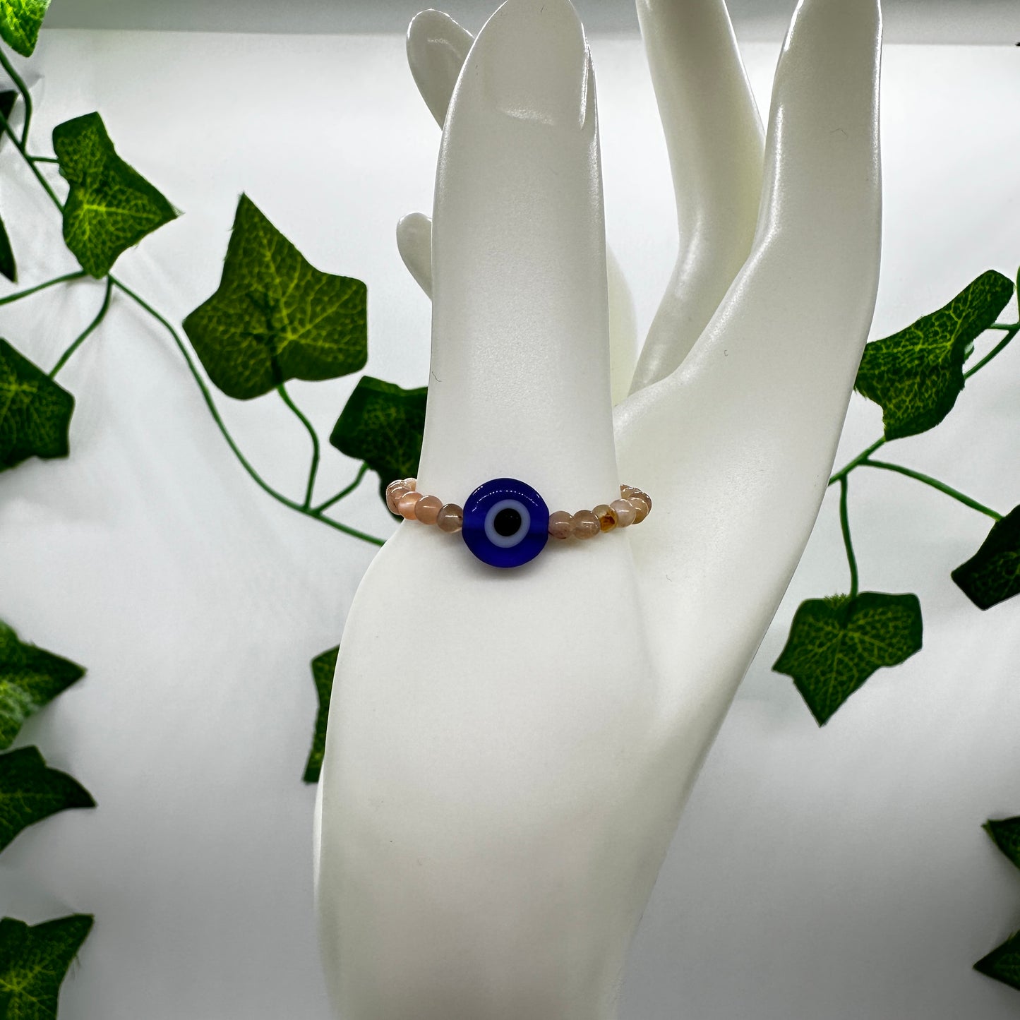 Sunstone with Moonstone Evil Eye Bead Ring - Katie's Mystic Crystals