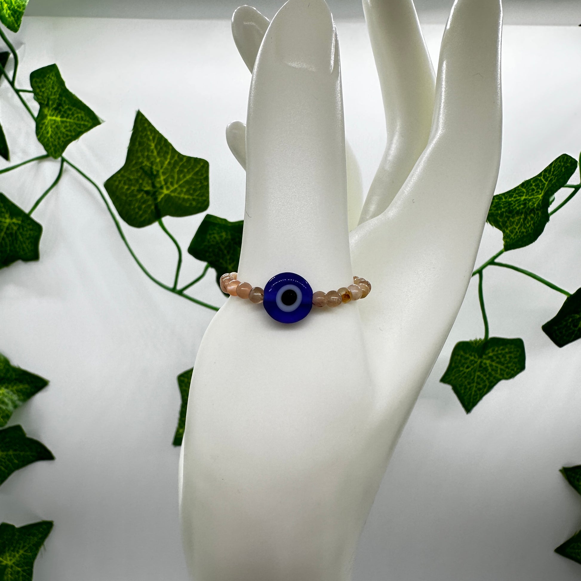 Sunstone with Moonstone Evil Eye Bead Ring - Katie's Mystic Crystals