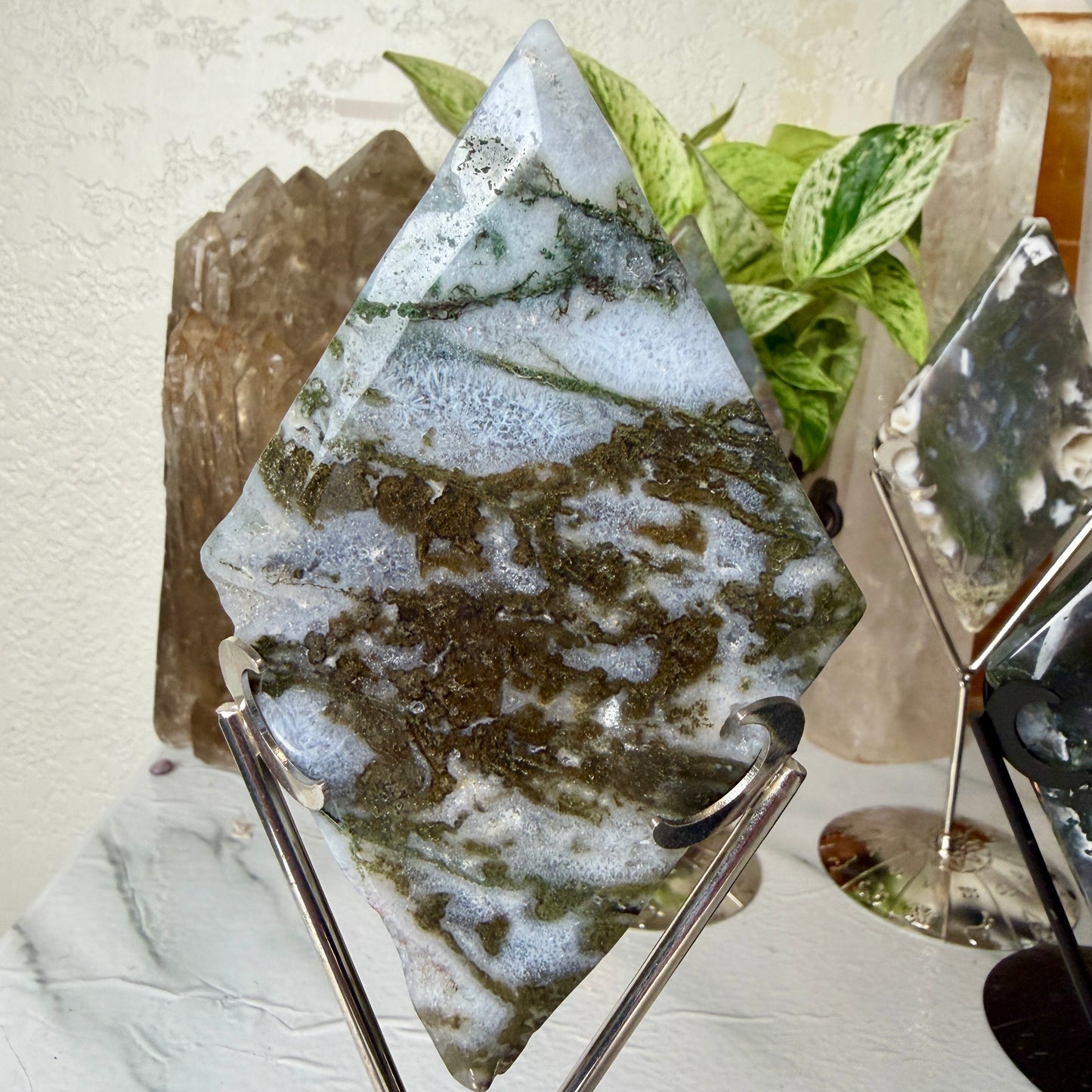 Moss Agate Rhombus with Stand - Imperfect