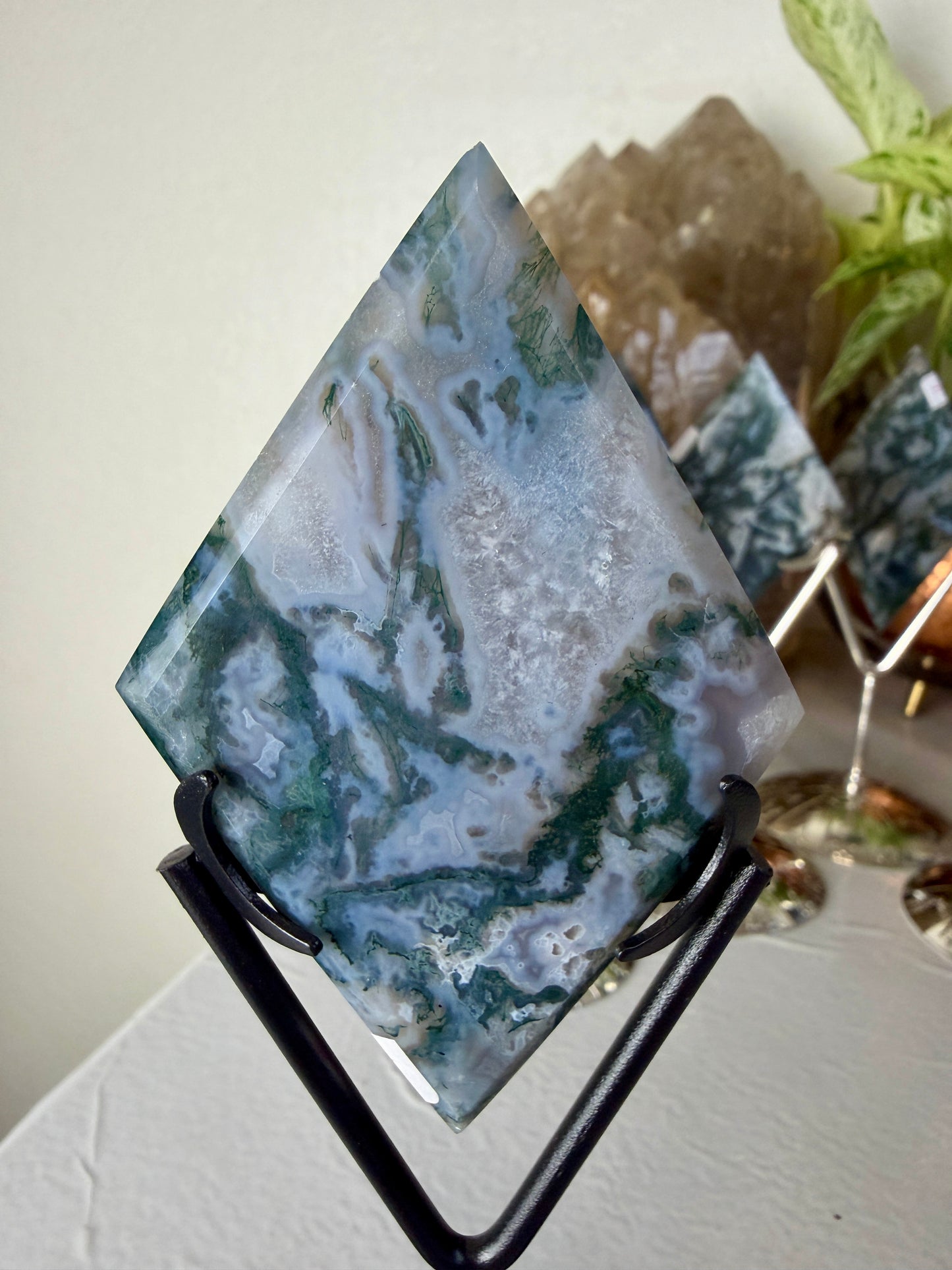Moss Agate Rhombus with Stand - Imperfect