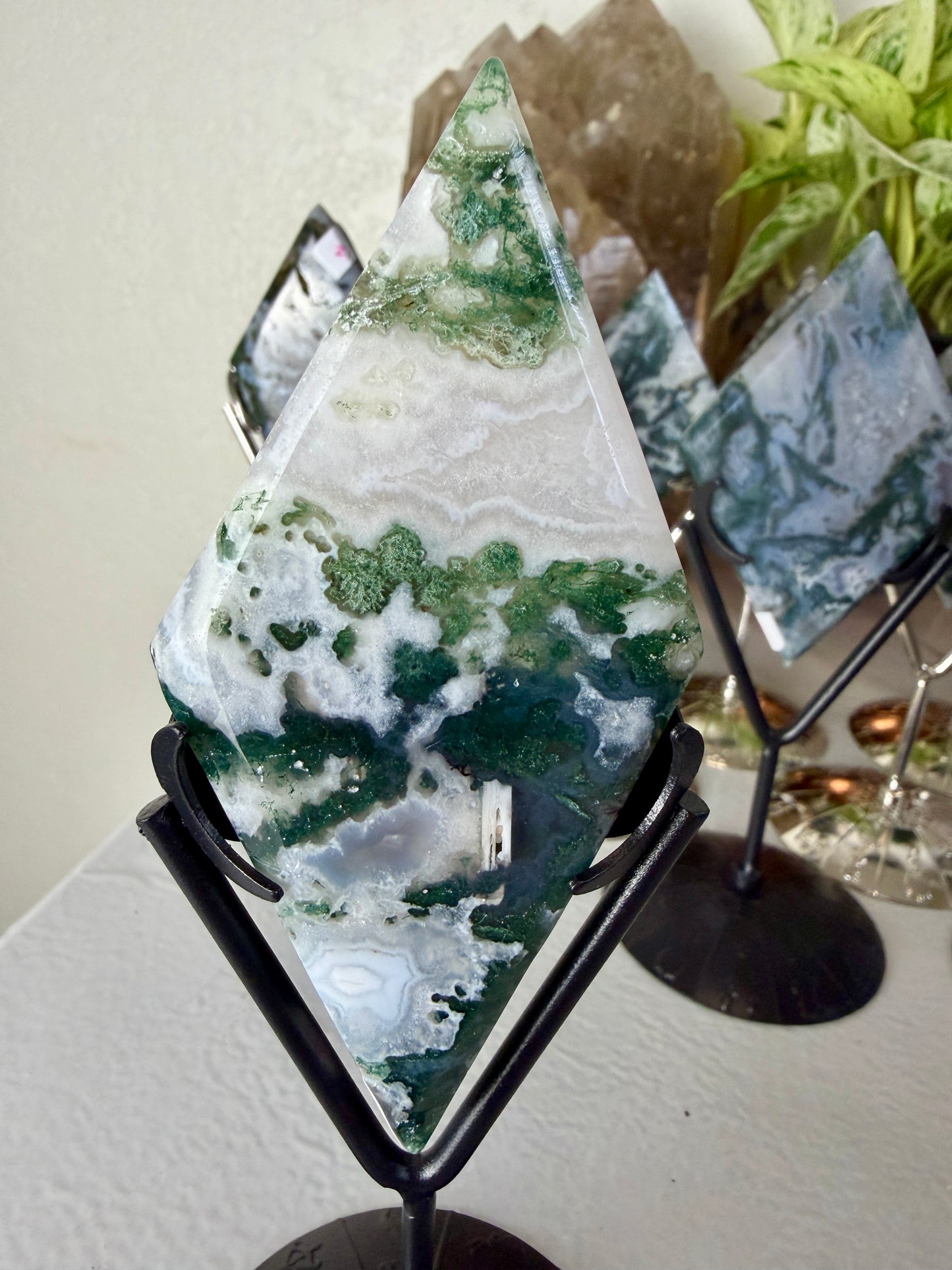 Moss Agate Rhombus with Stand - Imperfect