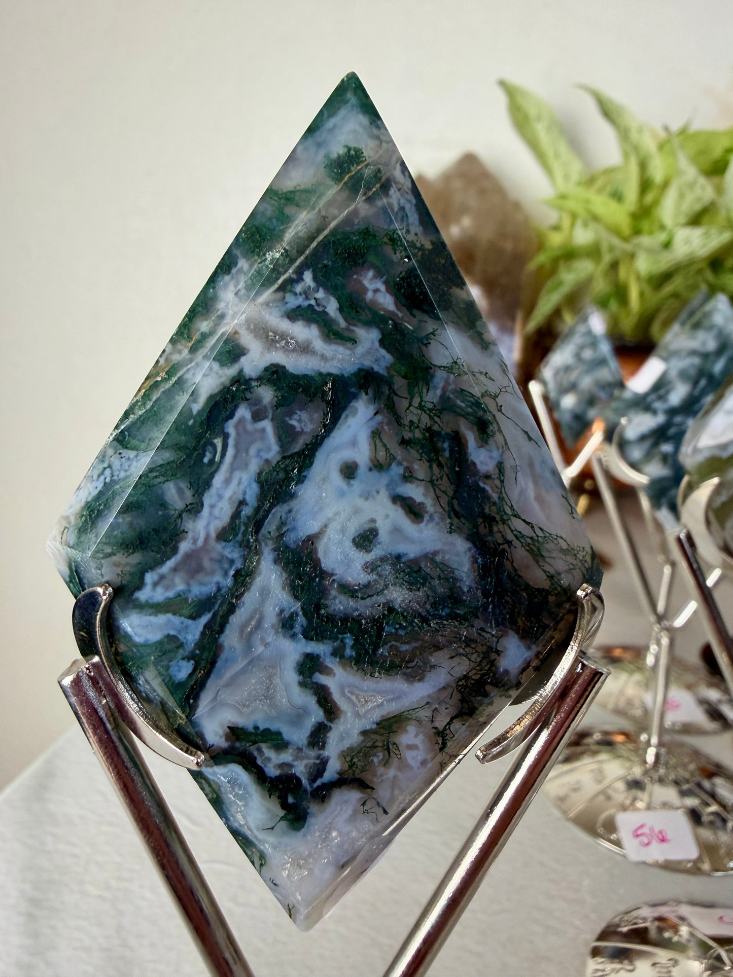 Moss Agate Rhombus with Stand - Imperfect