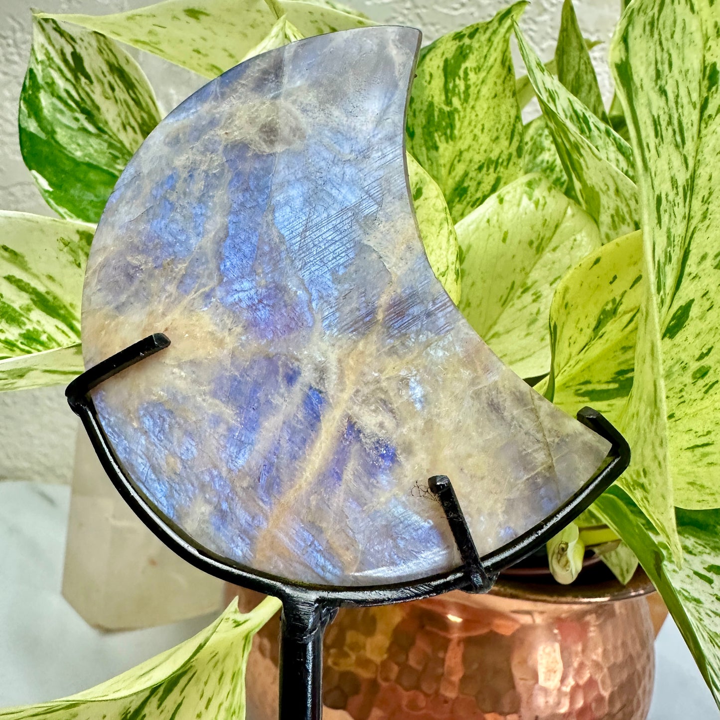 Belomorite Moonstone Crystal Crescent Moons - Custom Stands Included