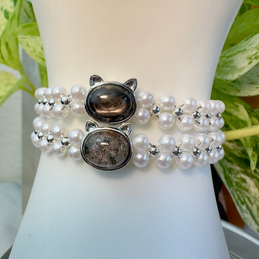 Cat Charm Bracelet — Faux Pearl with Natural Garden Quartz or Hypersthene
Whimsy | Protection | Inner Vision