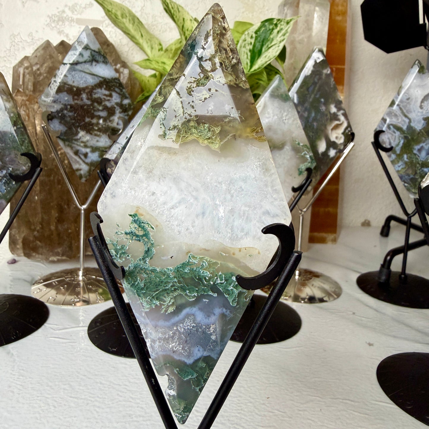 Moss Agate Rhombus with Stand - Imperfect